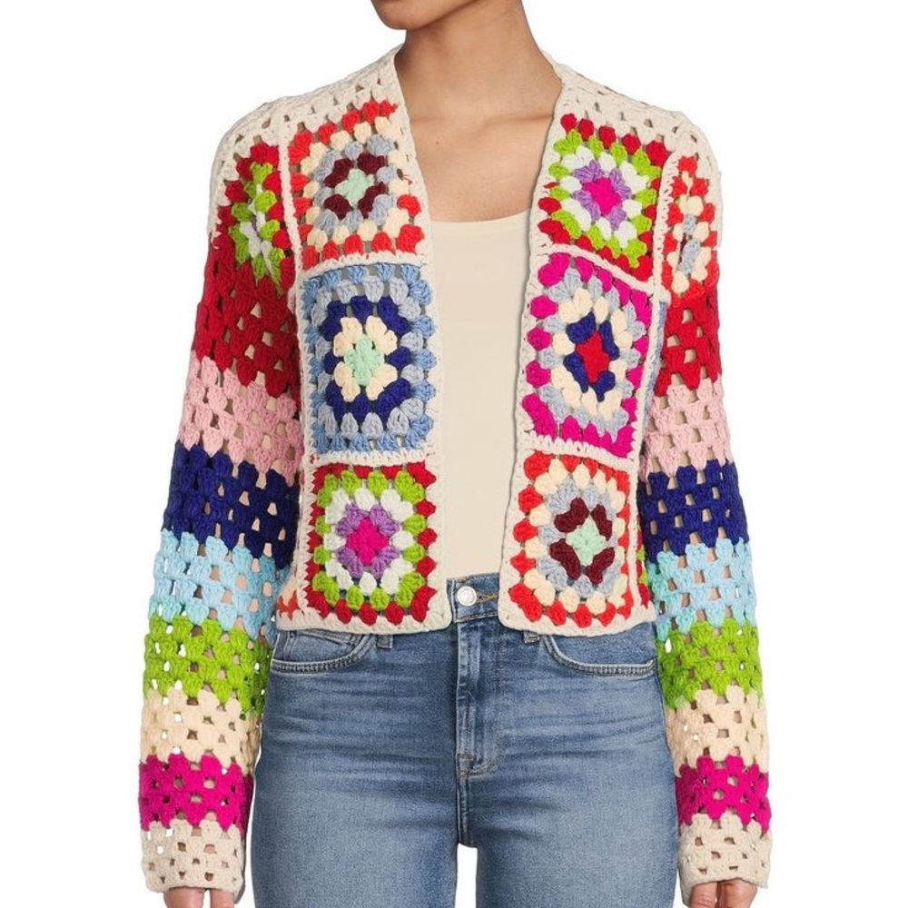 Elan Open Front Multicolored Crochet Cardigan